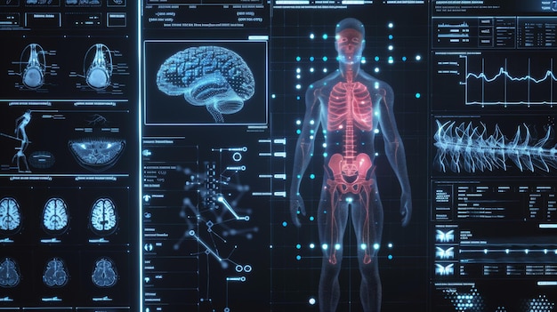 Eine digitale Wissenschaftsoberfläche wird verwendet, um Körperteile mit Hilfe von Hirn-Röntgenbildern, Fingerabdrücken, DNA und Pulssignalisierungstechnologie zu analysieren