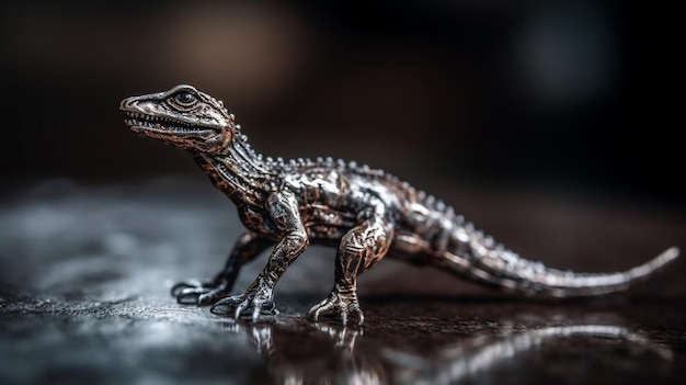 Eine Dinosaurierfigur aus Metall mit schwarzem Hintergrund