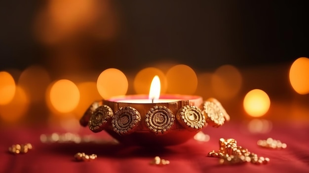 Eine Diwali-kerze mit goldenen Dekorationen