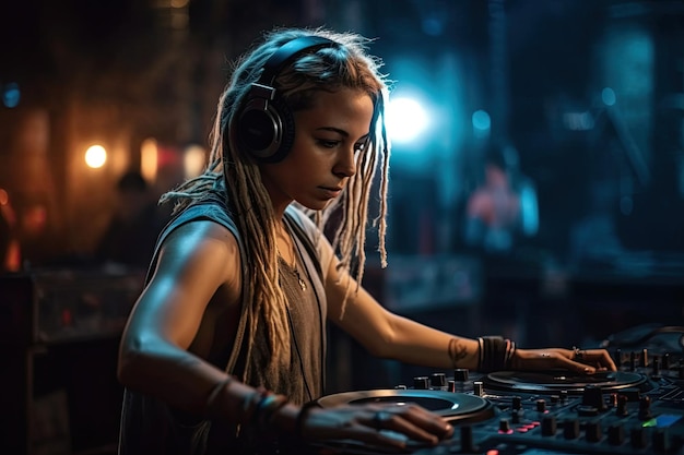 Eine DJ-Frau, die in einem Nachtclub Musik spielt, ist ein dynamisches und energiegeladenes Bild, das die pulsierende und lebendige Atmosphäre des Nachtlebens von Generative AI einfängt