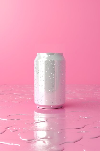 Foto eine dose soda sitzt auf einer rosa oberfläche mit wassertropfen darauf