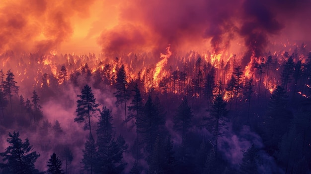Eine dramatische Luftaufnahme eines Waldfeuers in der Dämmerung mit lebendigen Flammen und ausgedehntem Rauch gegen einen lebendigen Himmel
