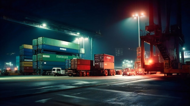 Eine dramatische Nachtszene aus einem niedrigen Winkel eines Containerlastwagens inmitten der hoch aufragenden Container und der leuchtenden Lichter eines Schiffshafens