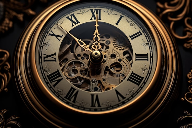 Eine dramatische Nahaufnahme einer Vintage-Uhr, deren Zeiger bereit sind, Mitternacht zu schlagen