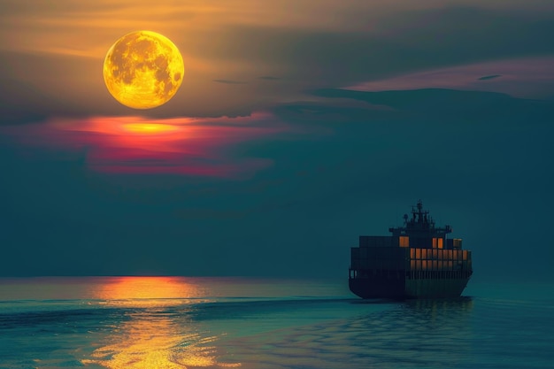 Foto eine dramatische silhouette eines frachtschiffs, das unter vollmond über einen ruhigen ozean segelt