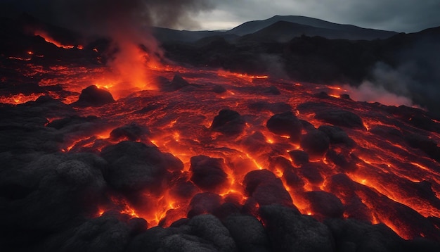 Eine dramatische vulkanische Landschaft mit geschmolzener Lava fließt schwarzen Felsen und schwebender Rauch
