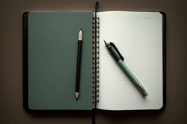 Eine Draufsicht auf ein schwarzes Notizbuch und einen Stift auf einer dunklen Oberfläche, ideal zum Brainstorming und Aufschreiben wichtiger Geschäftsideen. Generiert von KI