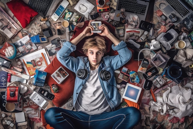 Eine Draufsicht auf einen skandinavischen Teenager, der mit vielen elektronischen Geräten der Generative AI AIG30 auf dem Boden liegt
