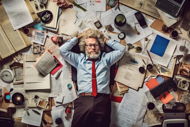 Foto eine draufsicht auf einen überarbeiteten leitenden skandinavischen geschäftsmann, der auf dem boden voller papiere und dokumente in einer büroszene liegt generative ai aig30
