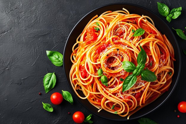 Eine Draufsicht auf gekochte italienische Pasta mit Tomatensauce im Teller