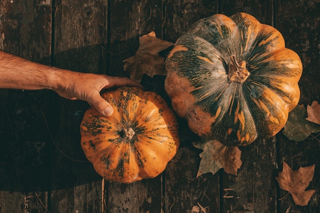 Foto eine draufsicht einer hand, die einen kürbis von einem herbstlichen holztisch mit blättern ergreift