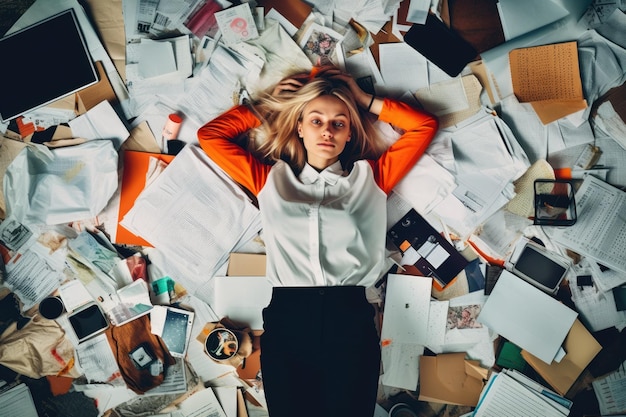 Foto eine draufsicht einer jungen skandinavischen geschäftsfrau, die in einer büroszene auf dem boden voller papiere und dokumente liegt. generatives ki-bild aig30