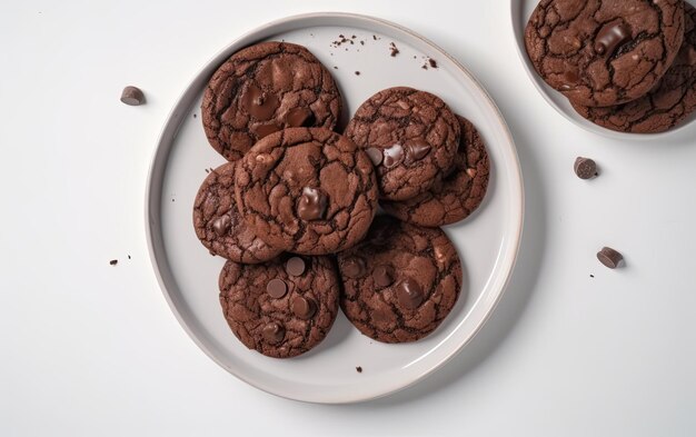 Foto eine draufsicht, schokoladenkekse auf weißem hintergrund, süßes dessert, bäckerei-lebensmittel, generiert von der ki