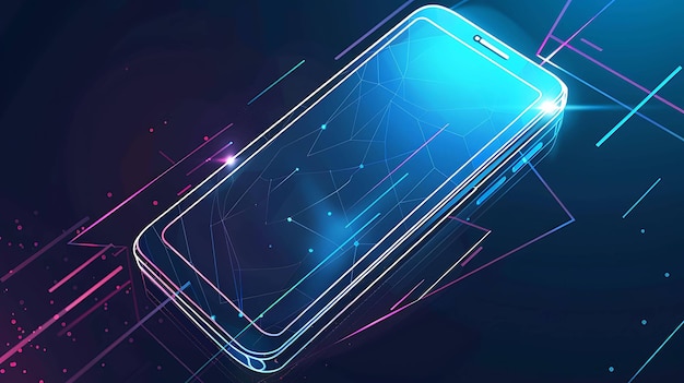 Eine dreidimensionale Darstellung eines Smartphones Das Telefon ist blau und hat einen weißen Bildschirm. Es ist von einem Gitter aus blauen und lila Linien umgeben.