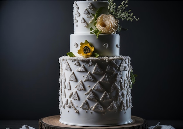 Eine dreistöckige weiße Hochzeitstorte mit einer weißen Torte mit Blumenmuster auf der Oberseite.