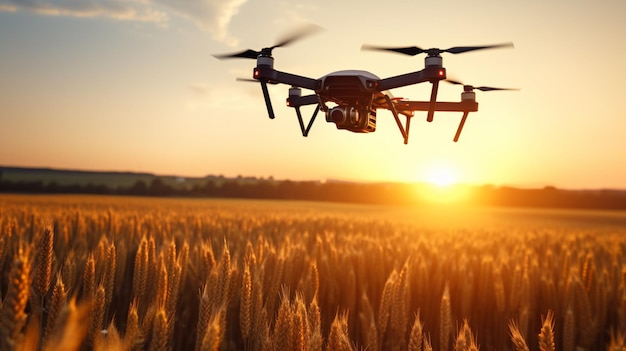 Eine Drohne, die bei Sonnenaufgang über einem Maisfeld fliegt, ist eine intelligente Technologie, die zur Überwachung der Felder in der Landwirtschaft verwendet wird