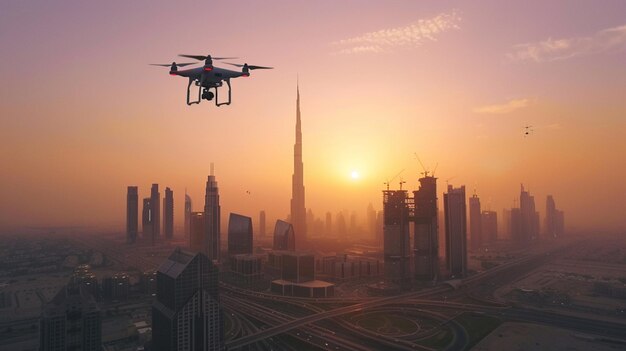 Foto eine drohne, die bei sonnenuntergang über eine stadt fliegt