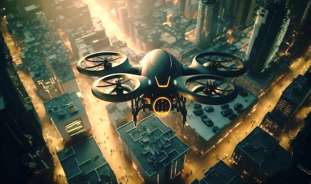 Eine Drohne, die über eine Stadt fliegt und Luftaufnahmen macht