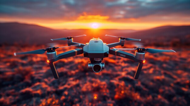 Eine Drohne fliegt bei Sonnenuntergang über ein Feld