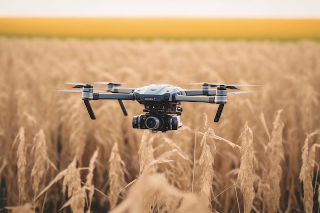Eine Drohne fliegt über ein Weizenfeld.