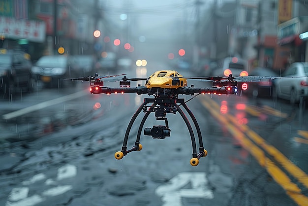 Foto eine drohne fliegt über einer nassen straße und ist von autos umgeben