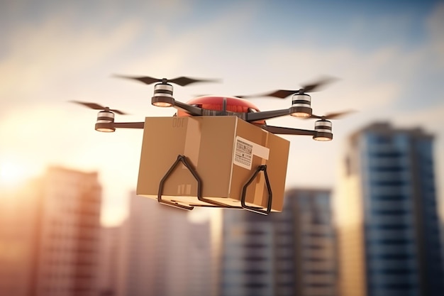 Eine Drohne liefert ein Paket und demonstriert den Komfort und die Innovation futuristischer Paketdienste
