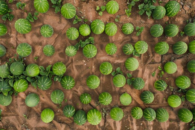 Eine Drohnen-Aufnahme eines Wassermelonenfeldes Die grünen Melonen zeichnen sich gegen den braunen Boden aus