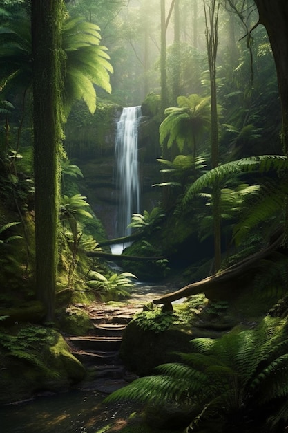 Eine Dschungelszene mit einem Wasserfall und einem Wasserfall