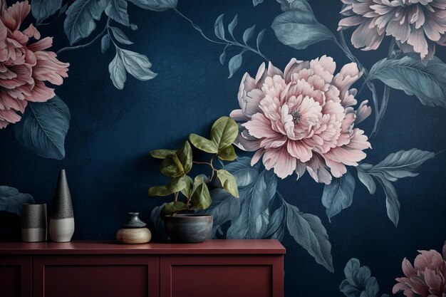 Foto eine dunkelblaue blumenwandpapier mit einer rosa blume darauf