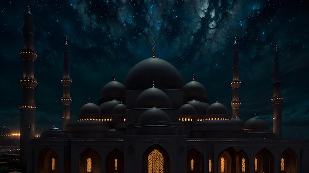 Eine dunkelblaue Moschee mit einem dunkelblauen Himmel und dem Mond im Hintergrund.