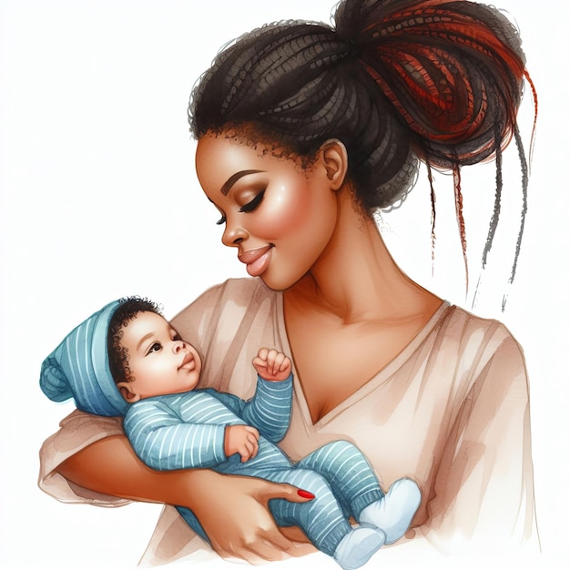Eine dunkelhäutige Mutter mit einem Baby in den Armen ein Kind in einem blauen Anzug mit einer Mütze