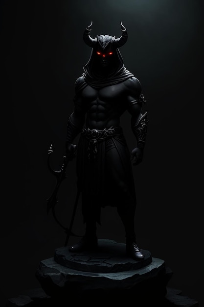 Eine dunkle Figur mit roten Augen und ein Schwert mit roten leuchtenden Augen.