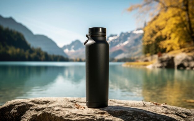 Eine dunkle Flasche treibt im Hintergrund des ruhigen Sees