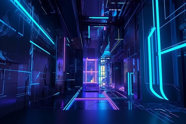 Eine dunkle Gasse mit einem blauen und violetten Neonschild, auf dem "Cyberpunk" steht