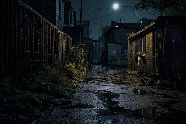 eine dunkle Gasse mit einem Vollmond im Hintergrund.