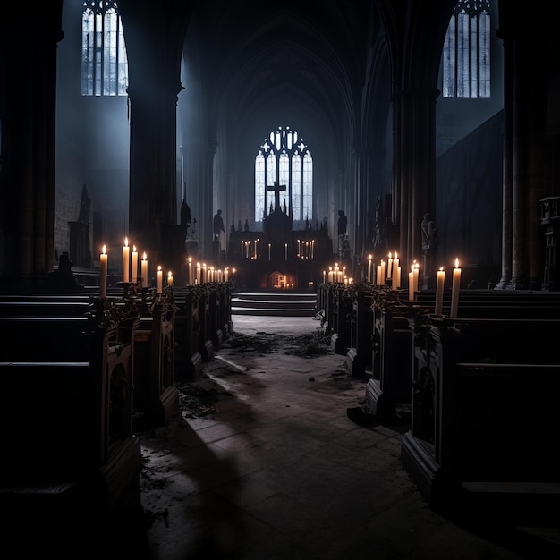 eine dunkle Kirche mit brennenden Kerzen in der Mitte des Raumes