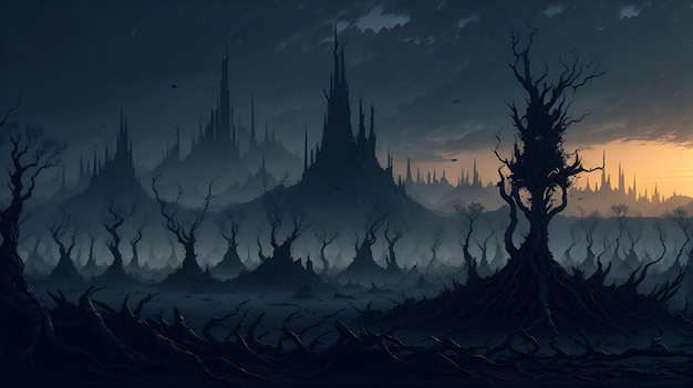 Eine dunkle Landschaft mit einer Burg an der Spitze.