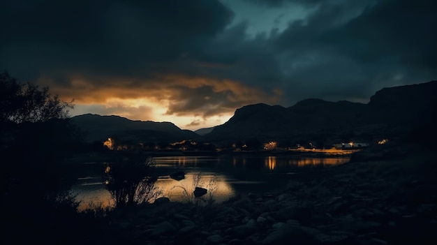 Eine dunkle Nacht mit einem Berg im Hintergrund