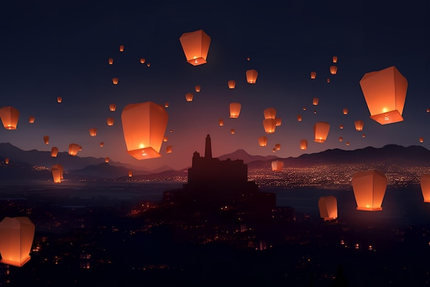 Eine dunkle Nacht mit Papierlaternen, die am Himmel fliegen