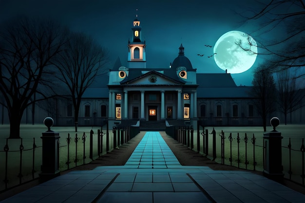 Eine dunkle Nacht mit Vollmond und einer Kirche im Hintergrund