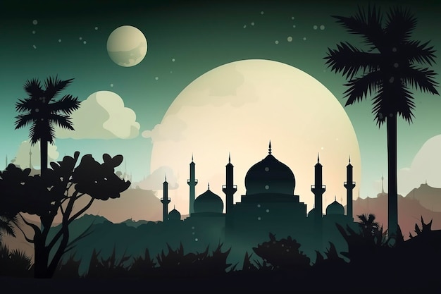 Eine dunkle Nachtszene mit einer Moschee und Bäumen.