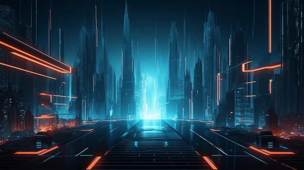 Eine dunkle Stadt mit Neonlicht und blauem Hintergrund. Generative KI