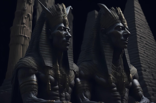 Eine dunkle Szene mit ägyptischen Statuen im Vordergrund.