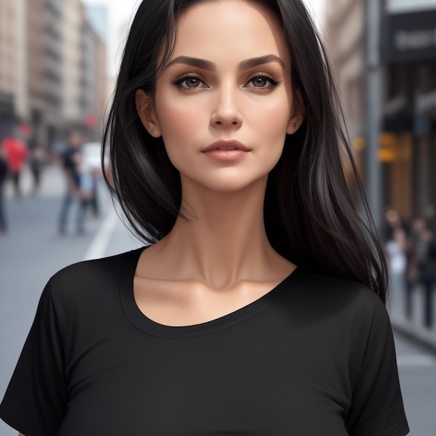 Eine durchschnittlich aussehende Frau, die ein schwarzes T-Shirt in einer Stadt trägt