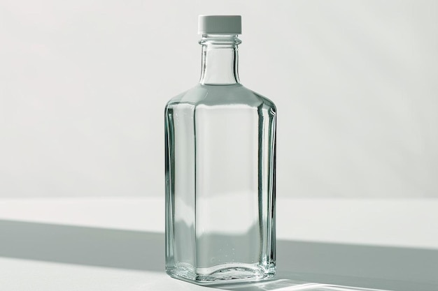 eine durchsichtige Flasche, die auf einem Tisch steht