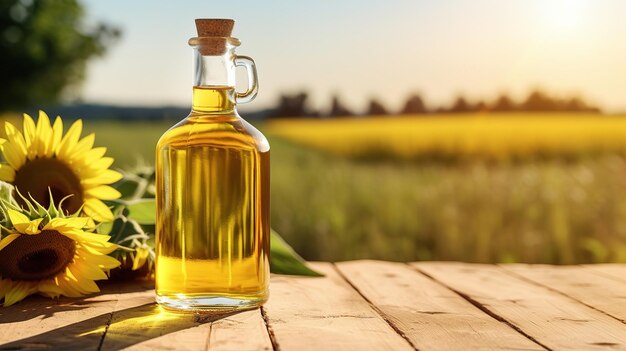 eine durchsichtige Ölflasche steht auf einem Holztisch auf einem Feld von Sonnenblumen