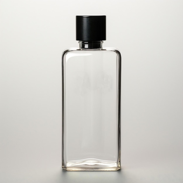 eine durchsichtige Plastikflasche mit schwarzem Deckel auf weißem Hintergrund