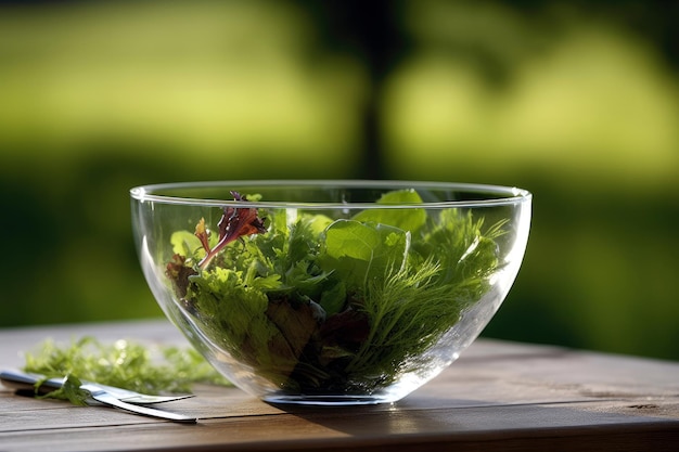 Eine durchsichtige Schüssel mit Salat und anderem Gemüse auf einem Holztisch.