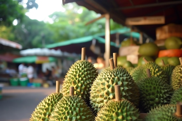 Eine Durian-Frucht öffnet einen geschäftigen südostasiatischen Markt