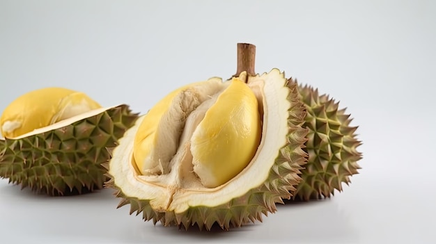 Eine Durian-Frucht wird halbiert und befindet sich auf einem weißen Hintergrund.